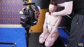 Blindfolded ginger slavegirl gagging shaft
