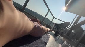 Ginger trap touching herself and lactating her breast on her balcony