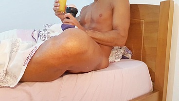 Waking up in the morning, drinking my orange juice while I fuck my fleshlight. Ending up with a huge cumshot inside it
