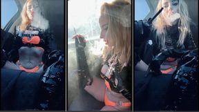 Car hotboxing in latex and bikini human ashtray