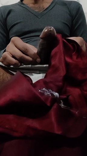 Satin Silk Handjob Porn - Dickhead Rubbed with Maroon Satin Silky Suit of Nurse (27)