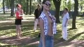 Amateur slender and quite leggy chick exposed her tits outdoors