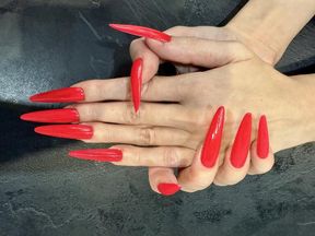 Bright red long nails, long fingers and hand fetish