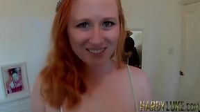 Ginger babe Satine Spark licks Hardy Lukes cock and balls