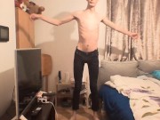 very skinny teen shows off his ribs and small ass in tight jeans