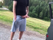 Guy jerks off his hot big cock outdoors and almost gets caught