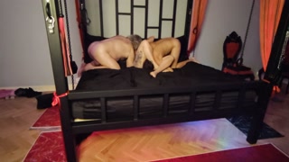 Gangbang. The night ends in a BDSM room. Cum on the back and in the pussy.