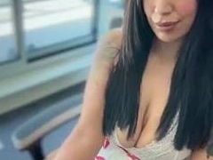 Amateur busty brunette masturbates and does hand job