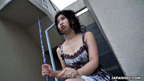 Petite brunette fucks two handsome guys