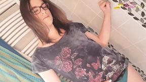 Tranny pissing on feet in the bathroom