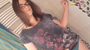 Tranny pissing on feet in the bathroom