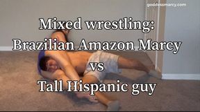 Mixed wrestling: Amazon Marcy vs Tall Hispanic young man