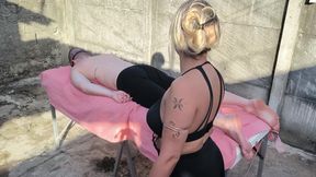 Nude massage outdoors with hot blonde