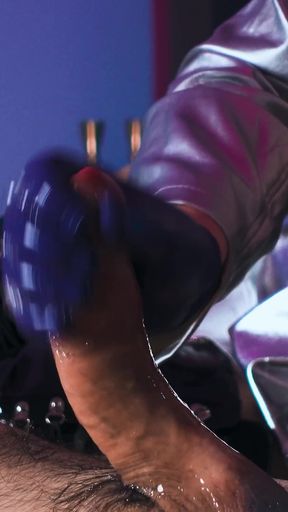 Horny Gloved Babe in Shiny Leather Jerks His Big Cock & Fingers Deep Into His Pisshole Till He Explodes Cum All Over Her Boots
