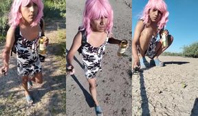 Femboy ladyboy walks in miniskirt heels ass bouncing in public