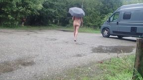 Exhibited naked in the rain with nipple work on the clamps
