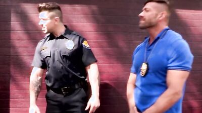 Hunky cop makes a twink suck his dick before fucking him hard