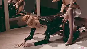 Sexto Petite Blondes In Latex, Heels And Nylon Enjoy A Strapless Exchange