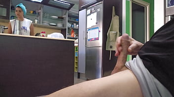 Amateur hubby jerks off his big cock in kitchen