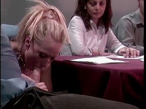 Sexy blonde teen gets screwed in the middle of a meeting