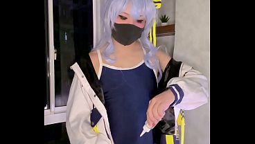 femboy suisei cosplayer in school swimsuit uses automated stroker and cums