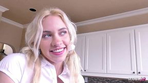 skinny blonde pigtail girl in uniform with mini-skirt and overknee socks seduce older guy to cheating fuck