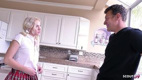 skinny blonde pigtail girl in uniform with mini-skirt and overknee socks seduce older guy to cheating fuck