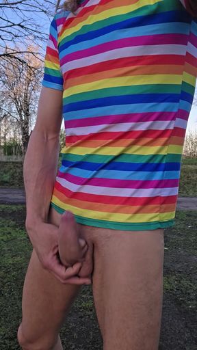 Skinny boy walks naked in public. Risky pissing with nice big cock