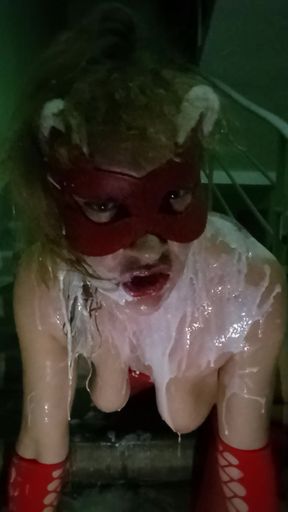 Milk enema for dirty slut on the stairs