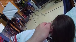 Cleavegagged Sarah in white shirt, white shorts and red high heels, hogtied with her feet crossed, is being tickled and teased by the man - POV video (HD MOV)