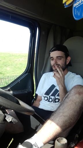 Jerking off in Shorts in a Parked Truck and Smoking a Cigarette