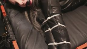 Sunday White Zip-Tie Punishment in Matte-Glossy Leggings – Front Arms Bound, Legs Fused, Huge Ballgag & Non-Stop Vibrator