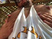 Dad's Hairy Tit Play Causes Massive Erection Outside