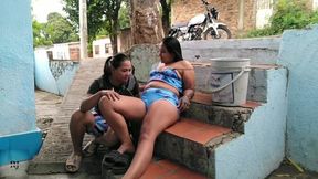 Latin chick and neighbor share passions in public cowgirl ride