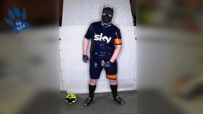 Rubber Cyclist Pup enjoying his gear (sniffing &amp; pawing off)