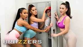 Hot lesbian workout turns wild with three busty pornstars