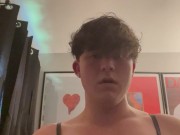 Femboy Mikey makes ahegao face while fondling breast.