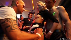 Nasty slut crazy gangbang scene in the club