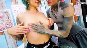 Inked sluts dual fellatio then rectal fuck tattoo sesh finishes with sperm covering new leg ink