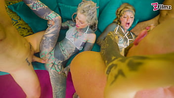2 Alternative tattooed girls, 6 Cocks - DP, Gagging, Facial cumshot