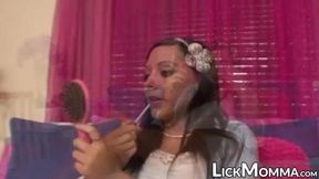 Submissive stepdaughter pussy licked by big titted MILF