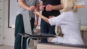 Sexy Nurse Helps Two Patients Donate Sperm. Threesome Mfm. Blowjob and Creampie. Full Scene
