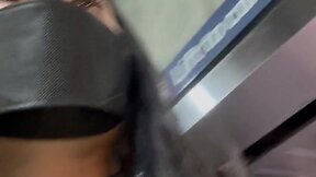 Exploring train station and parking lot in fishnet stockings