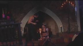 Babe with nice tits in striped stockings gets drilled by two dudes