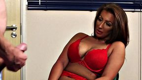 Curvy lingerie voyeur watches submissive wanker in office