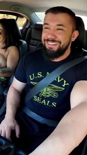 Traffic Blowjob: Exhibitionist Brunette Shows Her Tits and Sucks It All in the Car