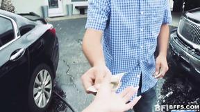 ”Bikini car wash babes are cleaning his cock too”