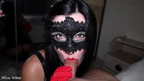 who’s behind the mask? hot girl red lips gets a good portion of cum