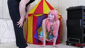 Submissive too pale gal in pink wig has to lick her dominant stud's ass