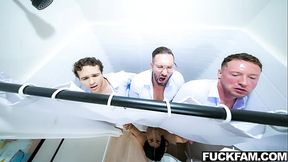 Petite teen Roxie Sinner celebrates graduation with three big cocks